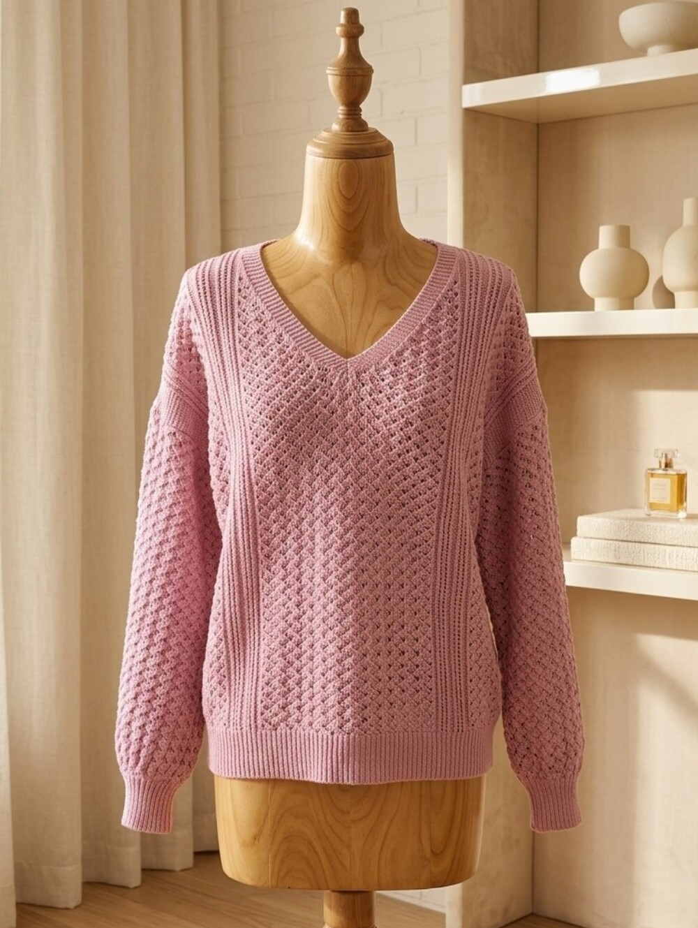 Mauve Bubble Sleeve V-Neck Sweater Size Medium